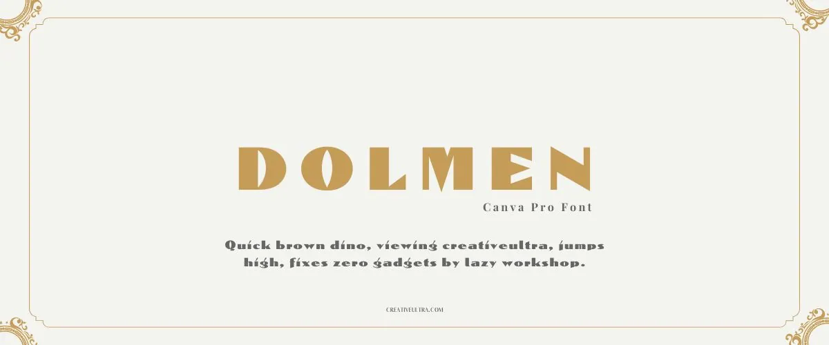 Illustration showing font "Dolmen Font" written on a background. It's one of Top Strong Fonts in Canva.