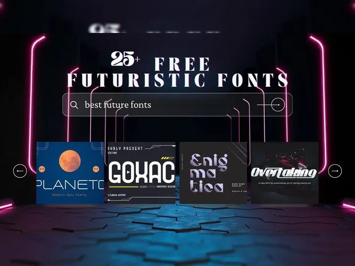 A promotional graphic showcasing "25+ Free Futuristic Fonts to Download in 2024," featuring neon pink outlines and a dark background. The image includes previews of various futuristic font styles such as "PLANET," "GOXAC," "Enigmatica," and "Overtaking," each displayed on card-like designs with additional font details.