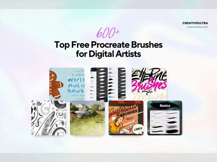 An advertisement showcasing over 600 free Procreate brushes for digital artists, with examples of various brush packs displayed.