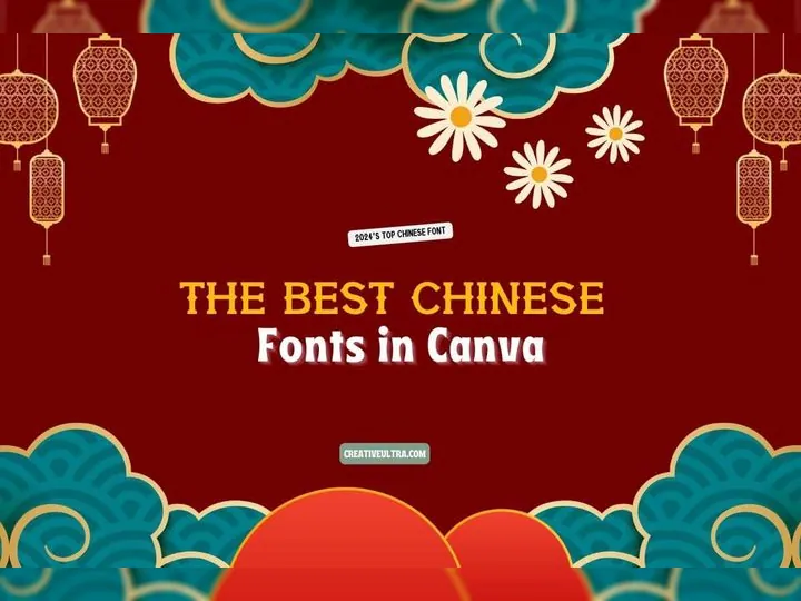 a red and blue background with white flowers and clouds saying The Best Chinese Fonts in Canva