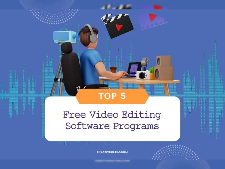 a cartoon character sitting at a desk with a laptop editing videos using free video editing softwares.