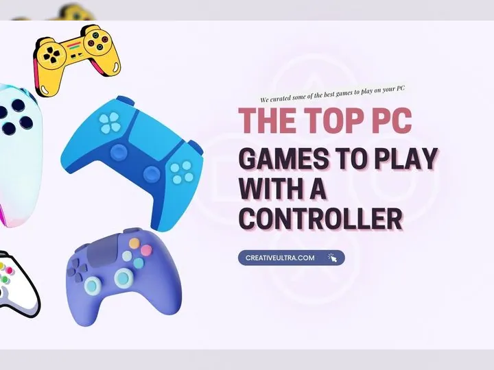 a video game controller with a couple of blue and purple controllers for Top PC Games To Play With A Controller