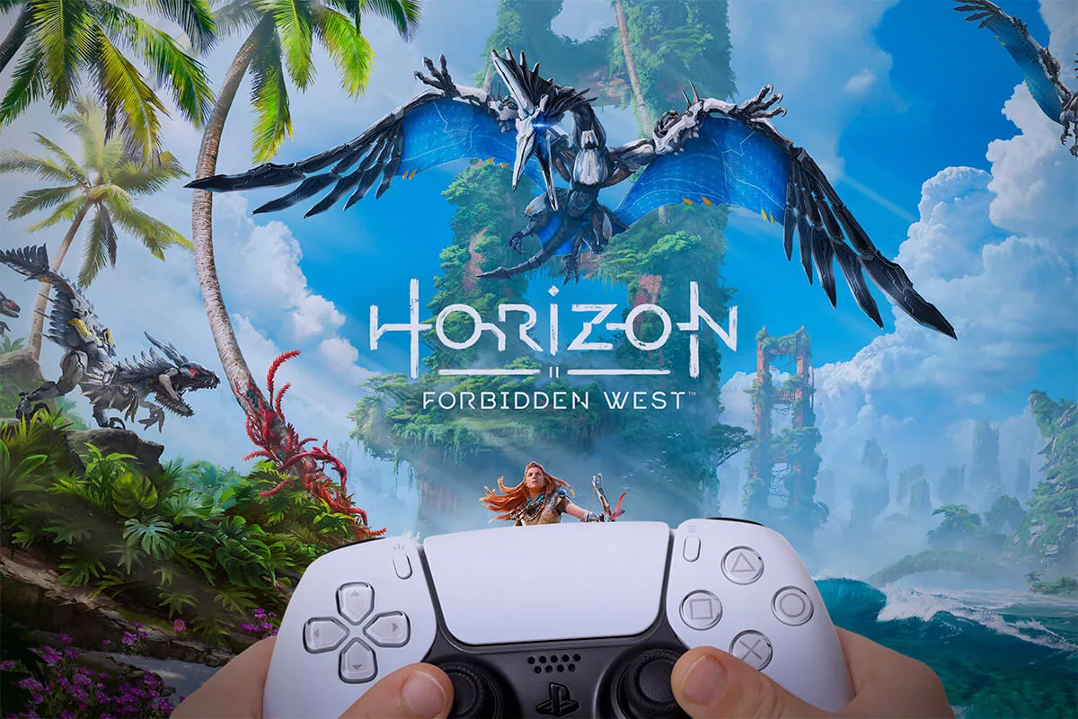 Boy playing Horizon Forbidden West, new Playstation 5 exclusive game on PC