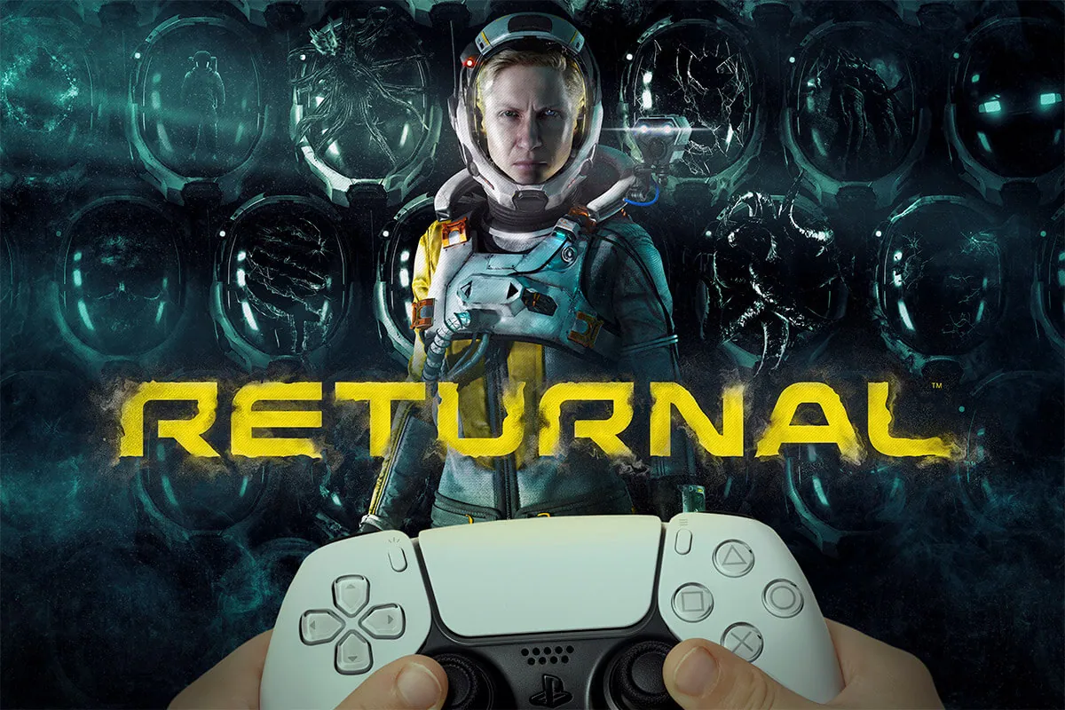 Returnal game at TV screen with Playstation 5 controller.