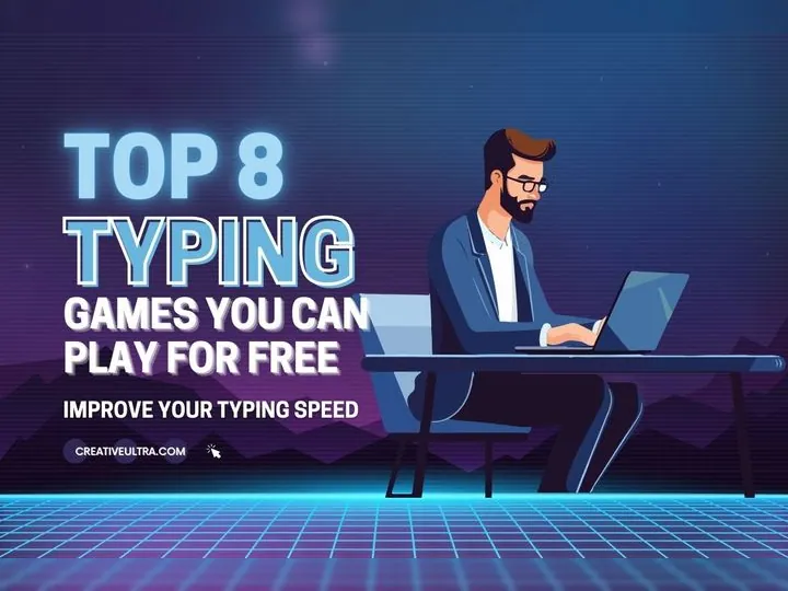 a man sitting at a desk playing typing games on a laptop