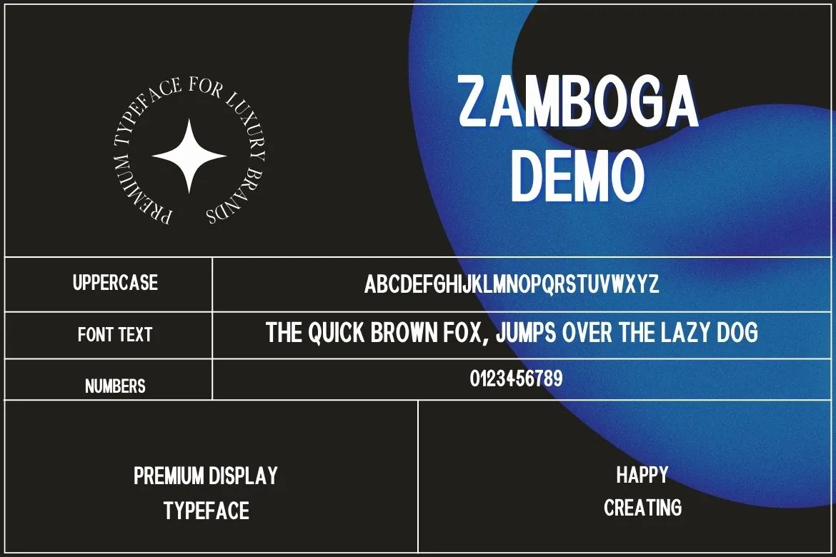 Zamboga Display Font demo showing uppercase letters, numbers, and sample text 'THE QUICK BROWN FOX, JUMPS OVER THE LAZY DOG.'