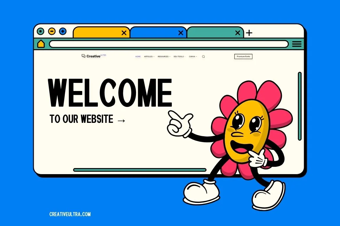 Website welcome message with Zamboga Display Font and a cartoon flower character on a blue background.