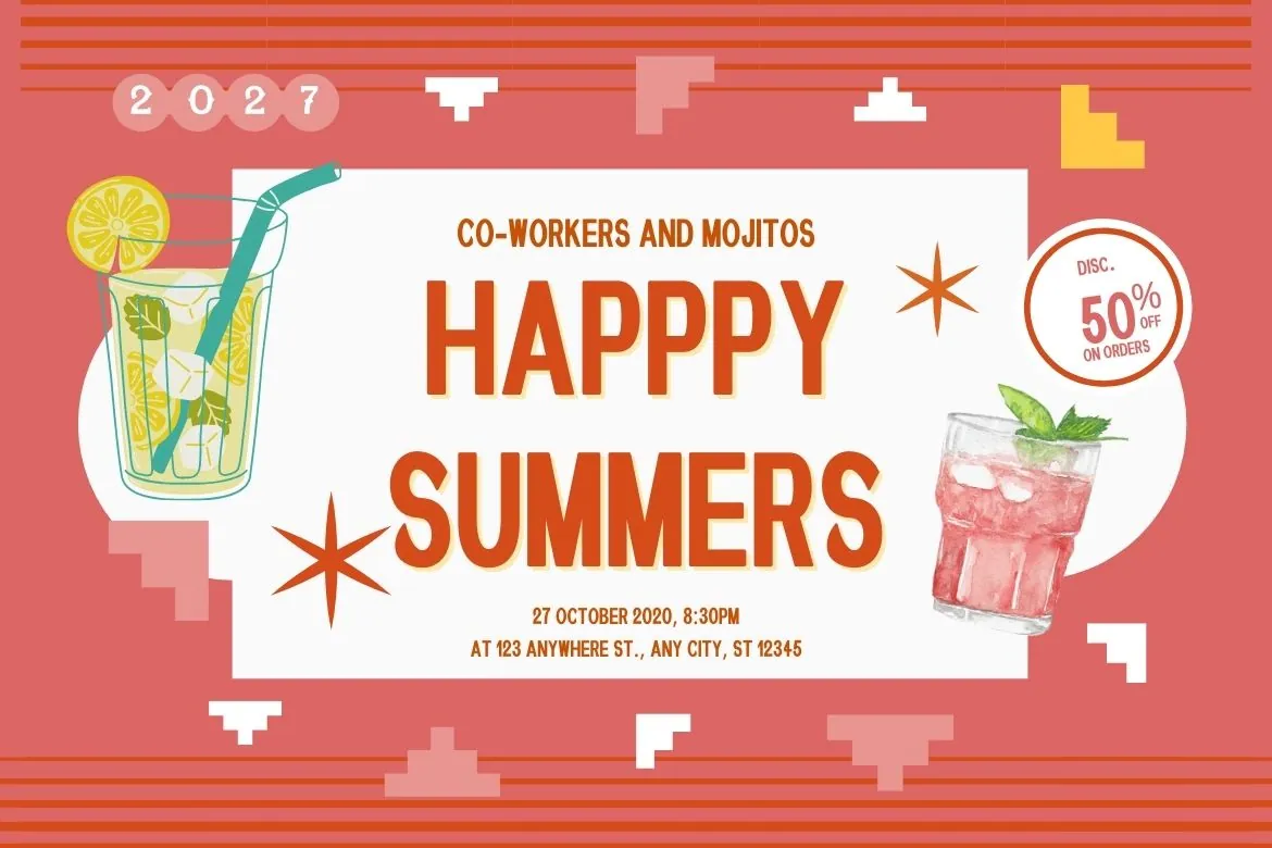 Event poster with the text 'HAPPY SUMMERS' in Zamboga Display Font, featuring summer drinks and a retro design.