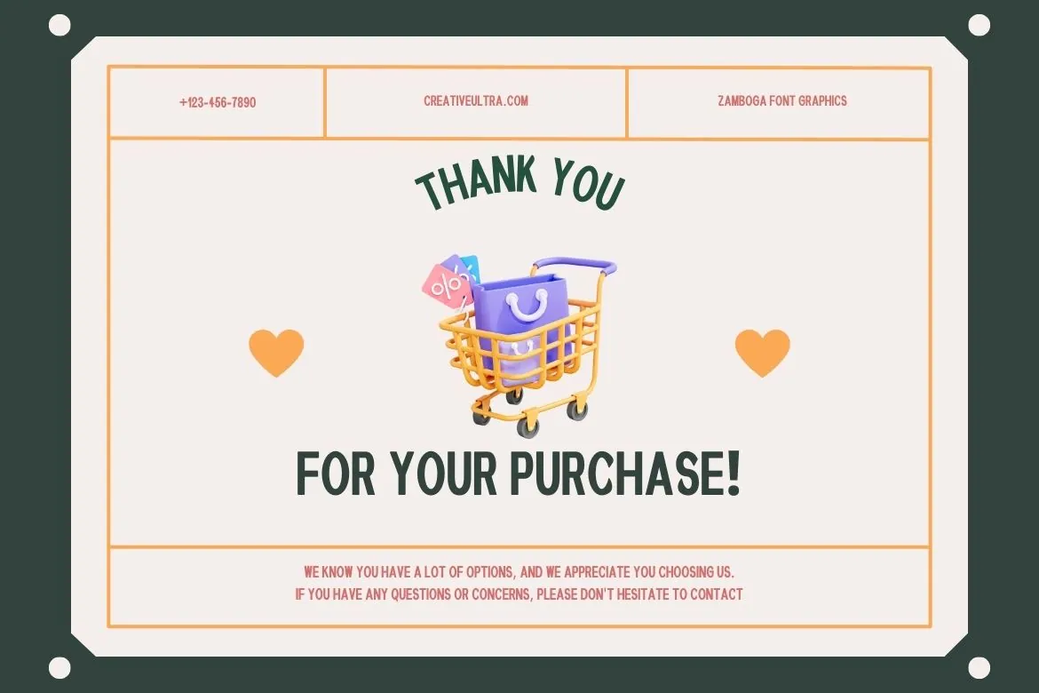 Thank you card design with the text 'THANK YOU FOR YOUR PURCHASE' in Zamboga Display Font, featuring a shopping cart illustration.