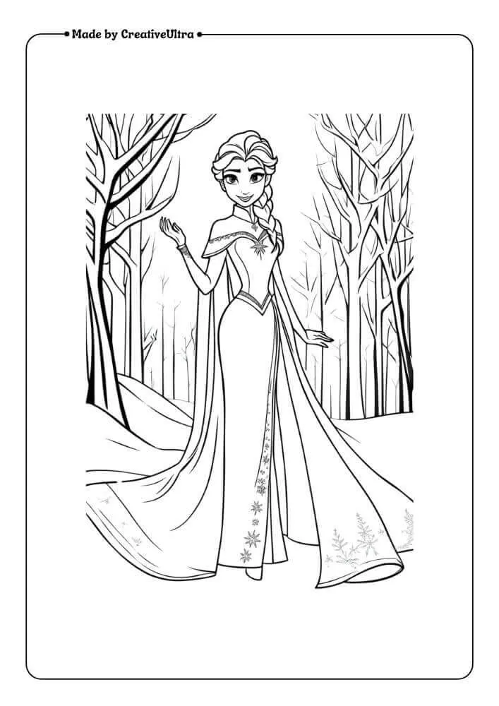 Elsa Frozen posing in snow coloring page