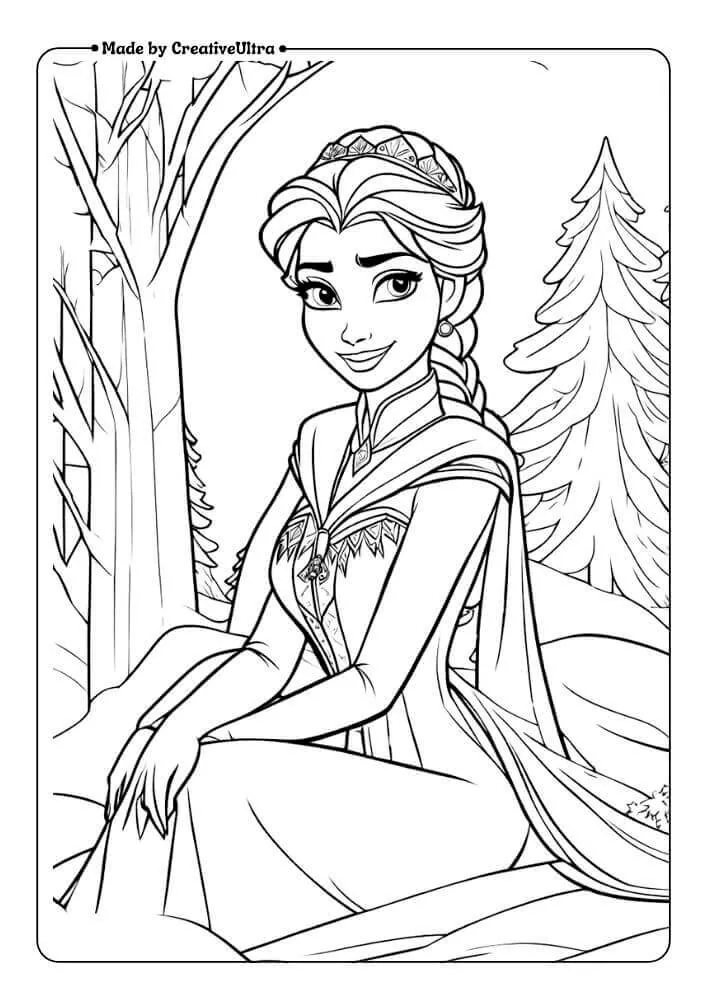 Elsa Frozen sitting in snow coloring page