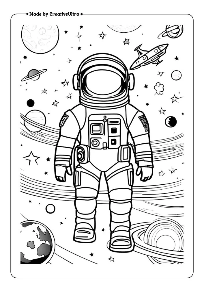 A Roblox coloring page showing astronaut floating in space, with stars, planets, and a spaceship in the background.