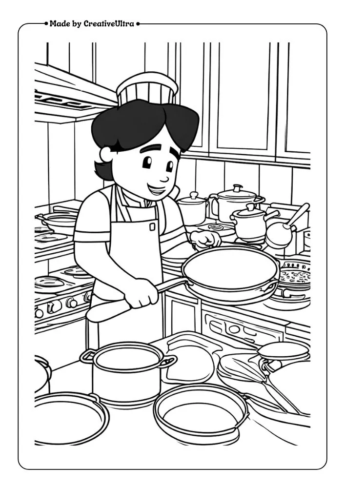 A Roblox chef cooking up a storm in a busy kitchen, with pots, pans, and various ingredients.