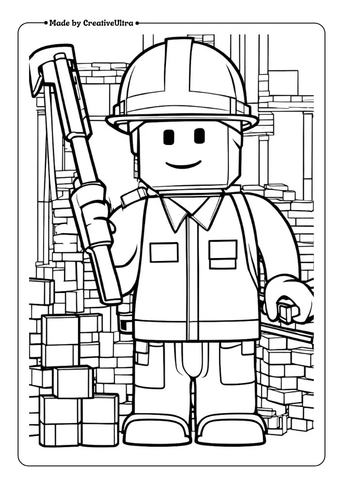 A Roblox character in a construction outfit, holding a hammer and building a structure with bricks and beams around.