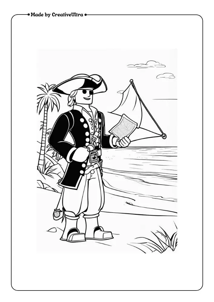 A Roblox pirate holding a treasure map, standing on a sandy beach with a treasure chest partially buried in the sand.