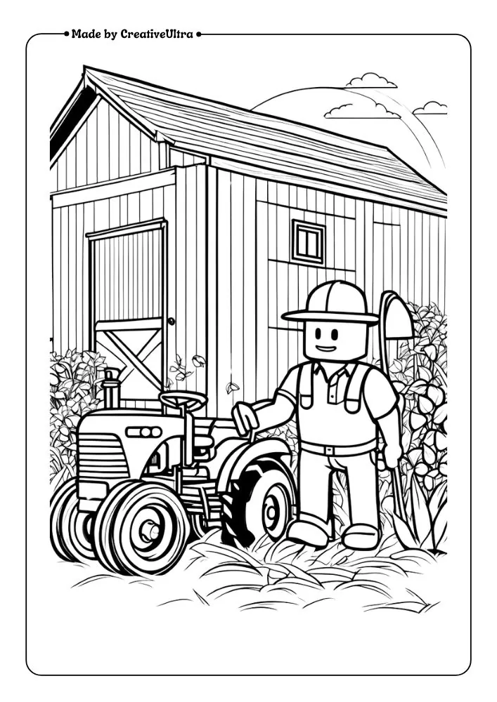 A Roblox farmer tending to crops and animals, with a barn and tractor in the background.