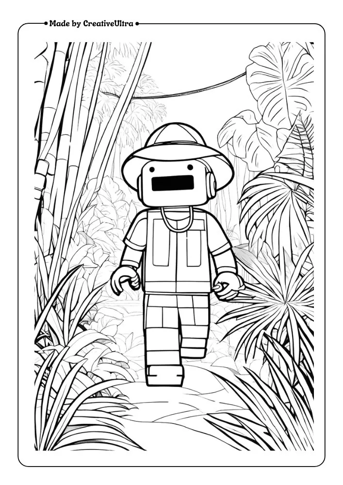 A Roblox explorer navigating through a dense jungle with exotic plants and animals.