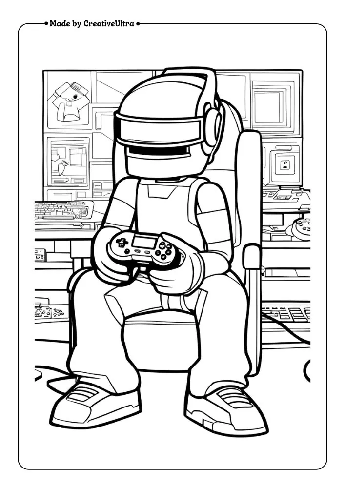 A Roblox character intensely playing a video game, with a gaming console and screen showing action-packed scenes.