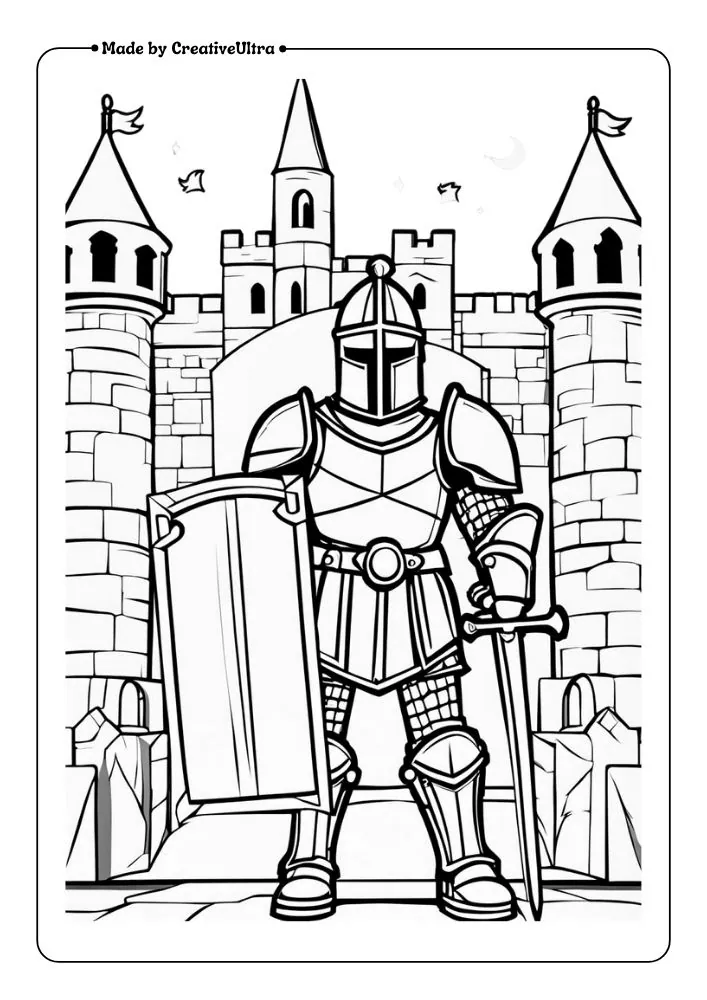 A Roblox knight in armor, wielding a sword and shield, standing in front of a castle gate.