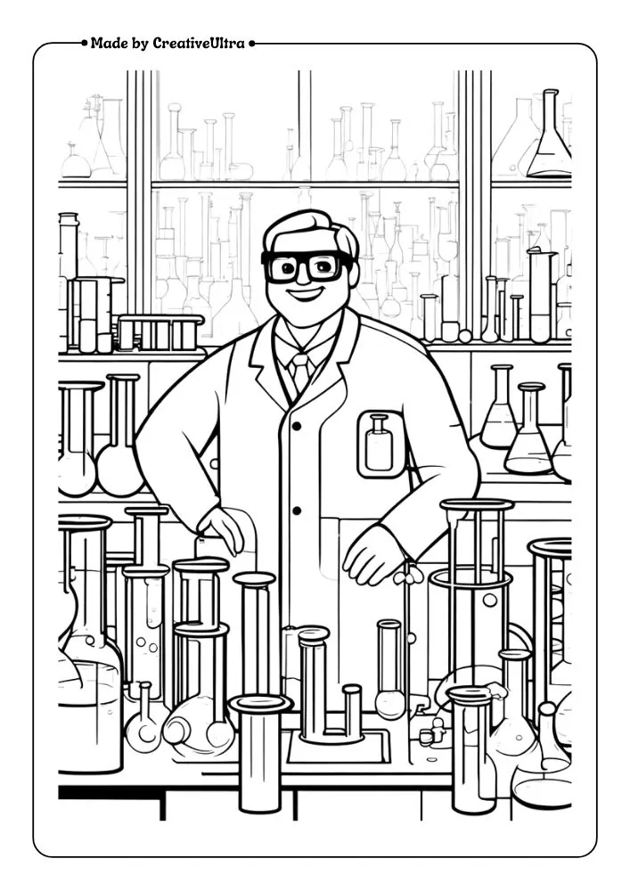A Roblox scientist surrounded by bubbling test tubes and beakers in a high-tech laboratory.