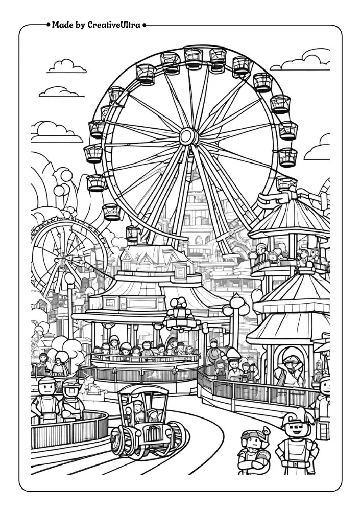A bustling Roblox theme park with roller coasters, Ferris wheels, and happy Roblox characters enjoying different rides and games.