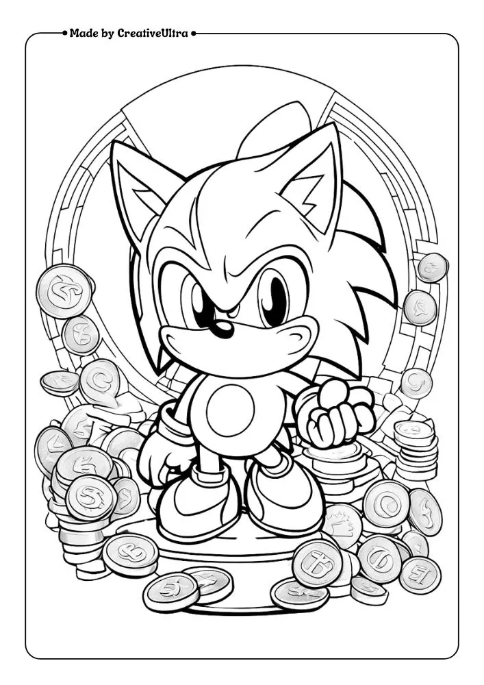 a coloring page of Sonic the hedgehog with coins