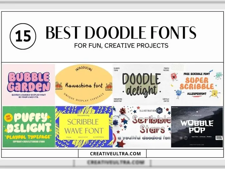 Image showcasing 15 best doodle fonts for creative projects, featuring various playful typefaces like Bubble Garden, Kawashina, Doodle Delight, Puffy Delight, Scribble Wave, and Super Scribble. Ideal for fun and artistic design applications.