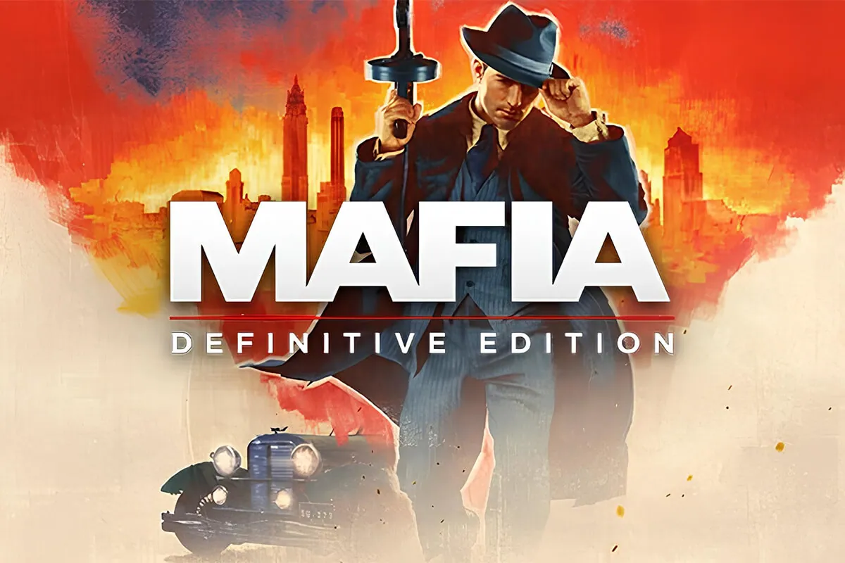 a mafia holding a gun featuring a classic car driving through a 1930s cityscape