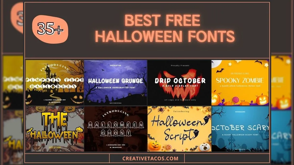 Collage of 8 different Halloween-themed fonts with spooky designs and the text '35+ Best Free Halloween Fonts