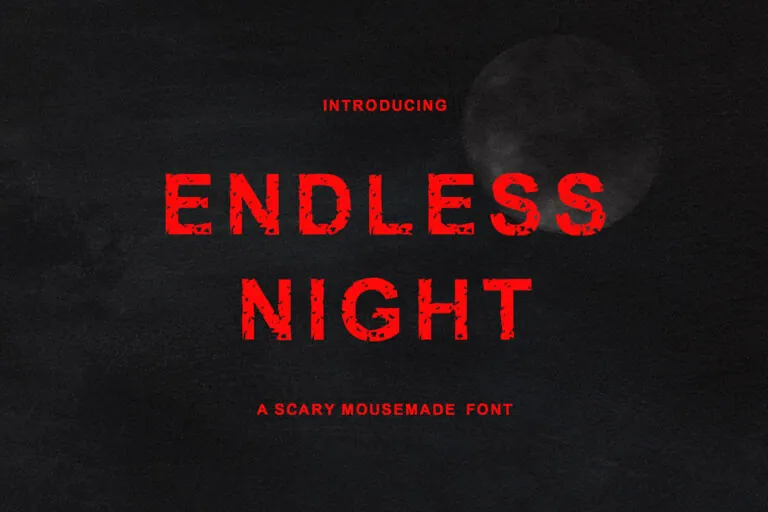 Red text on a dark, textured background reads "Introducing Endless Night: A Scary Mousemade Font," a free Halloween font designed to add a chilling edge to your seasonal projects.