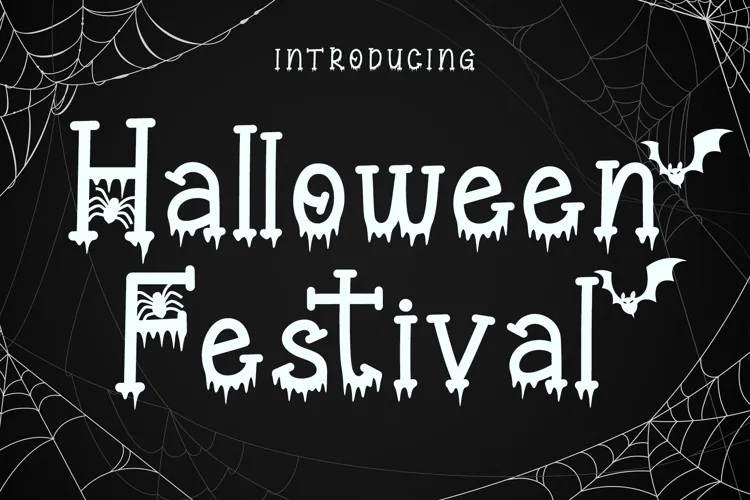 Free Halloween Font: Spooky "Halloween Festival" text with cobwebs and bats on a black background.