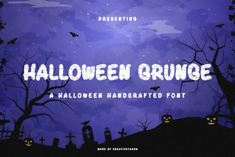 Explore our free Halloween font featuring spooky trees and eerie jack-o'-lanterns against a purple night sky, perfect for your Halloween grunge designs.