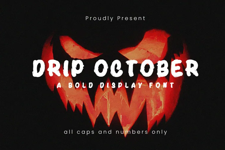 Drip October" bold display font ad features a jack-o'-lantern face background, perfect for showcasing your free Halloween font needs.