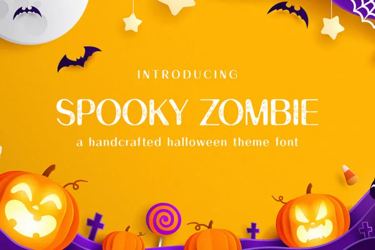 Advertisement for a free Halloween font featuring colorful typography with pumpkins, bats, and candies on a bright orange background.