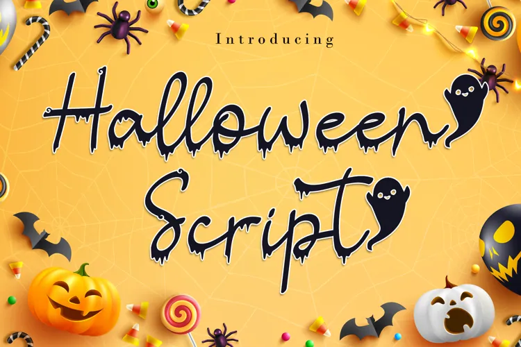 Explore our free Halloween font, featuring ghostly typography with pumpkins, bats, and candies against a vibrant orange background.