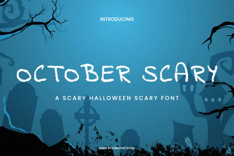 Spooky Halloween-themed poster featuring a free Halloween font called "October Scary," with haunted trees set against a chilling blue background.