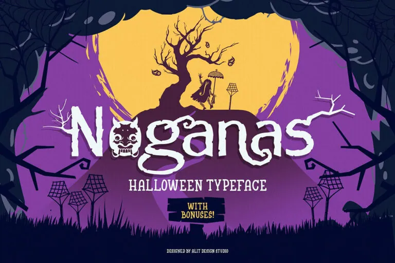 Discover our spooky Halloween-themed typeface poster featuring a free Halloween font, with deep purple and gold colors, intricate spider webs, and an eerie witch silhouette.