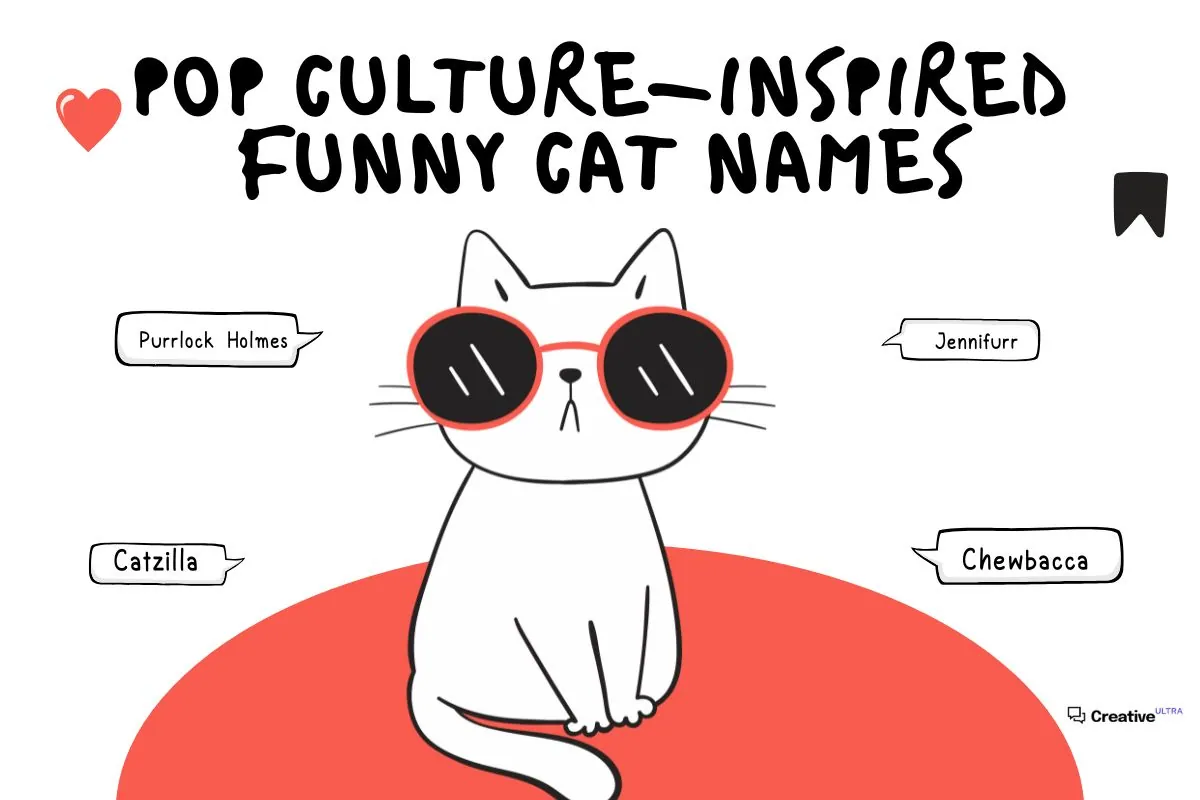 Illustration of a white cat wearing red sunglasses with speech bubbles showing funny names like "Purrlock Holmes," "Jennifurr," "Catzilla," and "Chewbacca." The title "Pop Culture-Inspired Funny Cat Names" is written at the top.