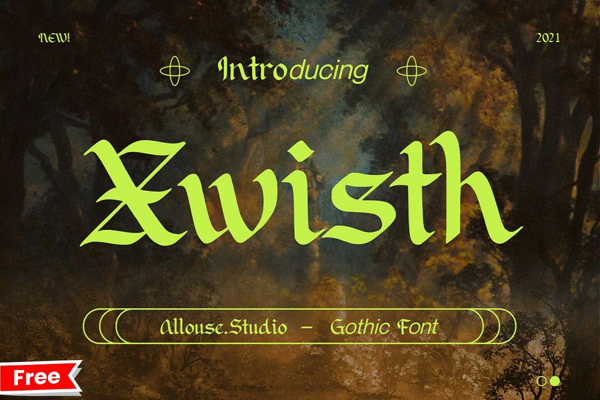 Text image promoting "Xwisth," a gothic font by Allouse.Studio, with a forest background.