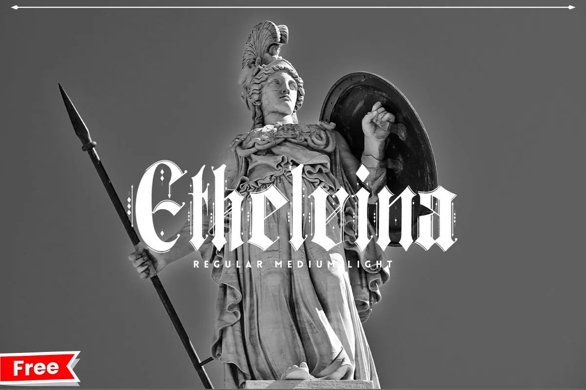 Statue of a warrior with a spear, featuring stylized text overlay "Ethelrena" on a gray background.