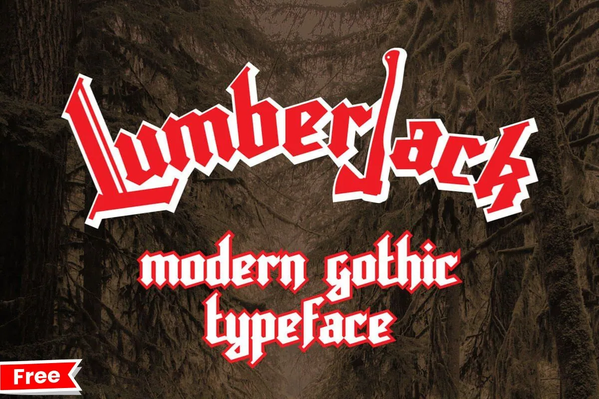 Lumberjack" in red gothic font on a dark forest background, labeled as a free modern gothic typeface.