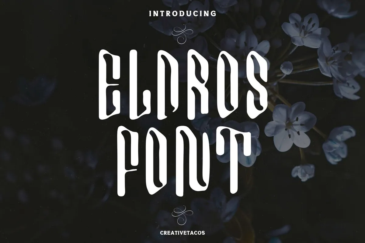 Stylized text "Eloras Font" over dark background with light flowers.