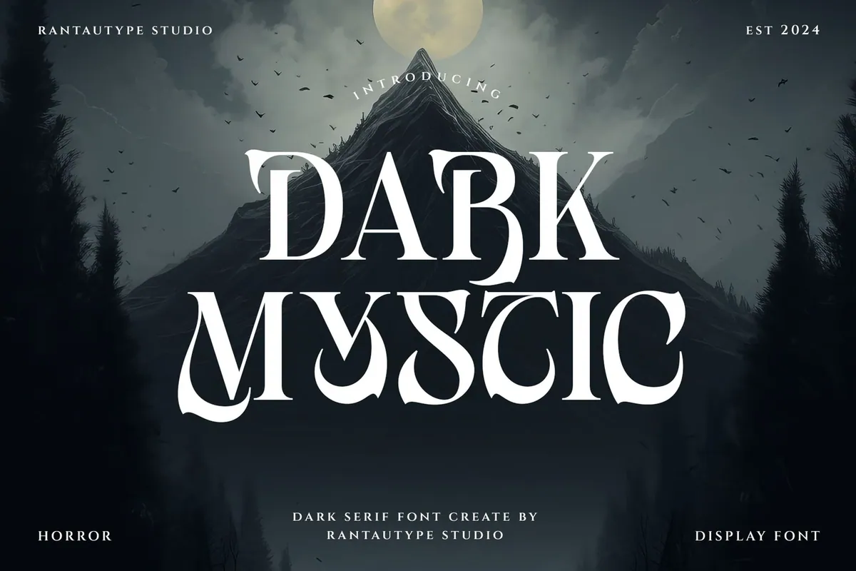 Dramatic mountain scene with "Dark Mystic" text in white, showcasing a dark serif font by Rantautype Studio.