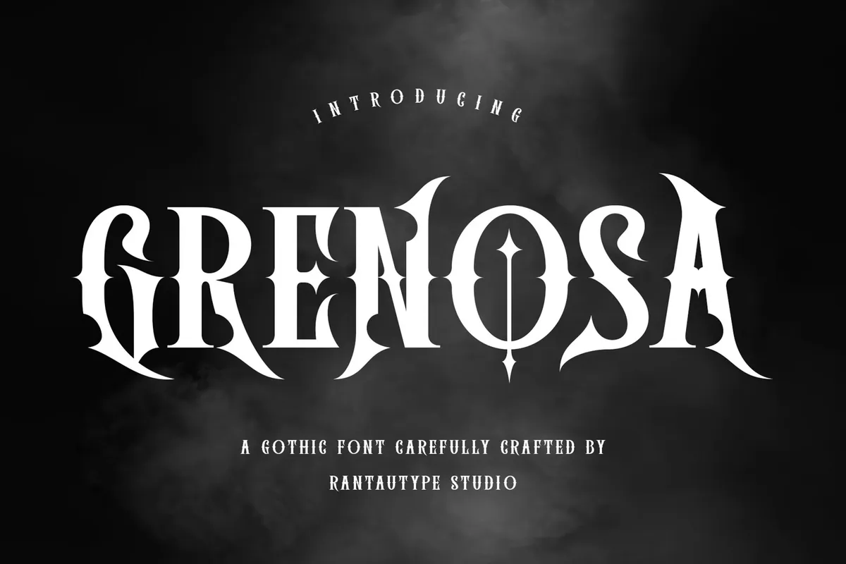GRENOSA gothic font on a dark, smoky background with text by Rantautype Studio.