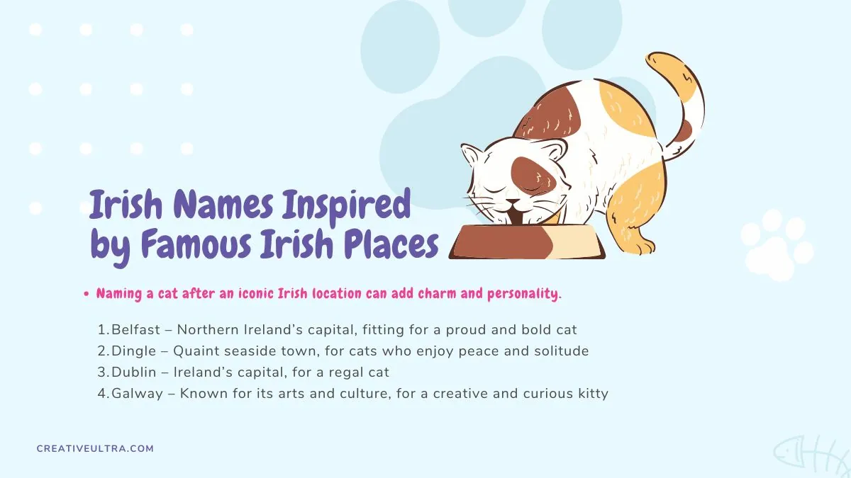 Image showcasing cat names inspired by famous Irish places, decorated with symbols of Ireland’s iconic sites.