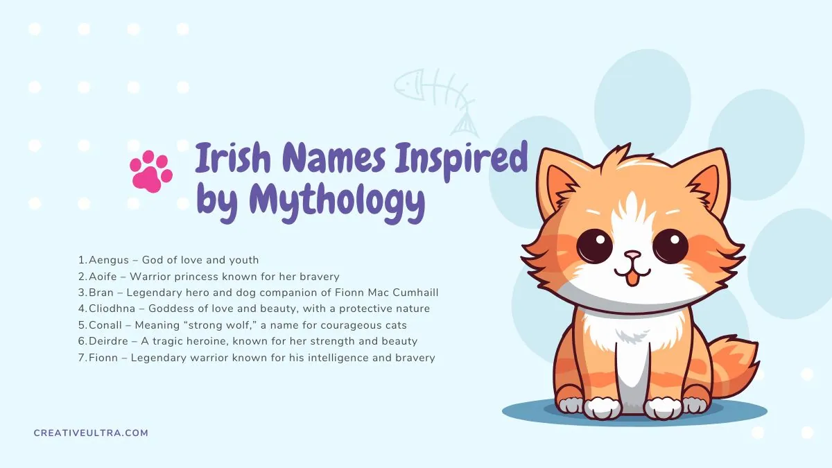 Image highlighting Irish cat names inspired by Irish mythology, with symbols or icons representing ancient myths.