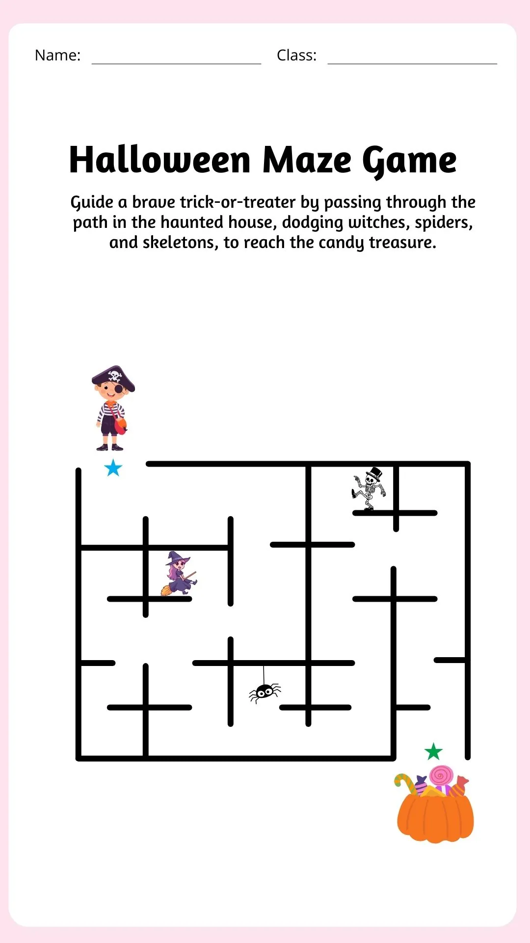 Halloween Maze Game Printable featuring a maze with a pirate trick-or-treater, witch, spider, and skeleton, leading to a candy basket.