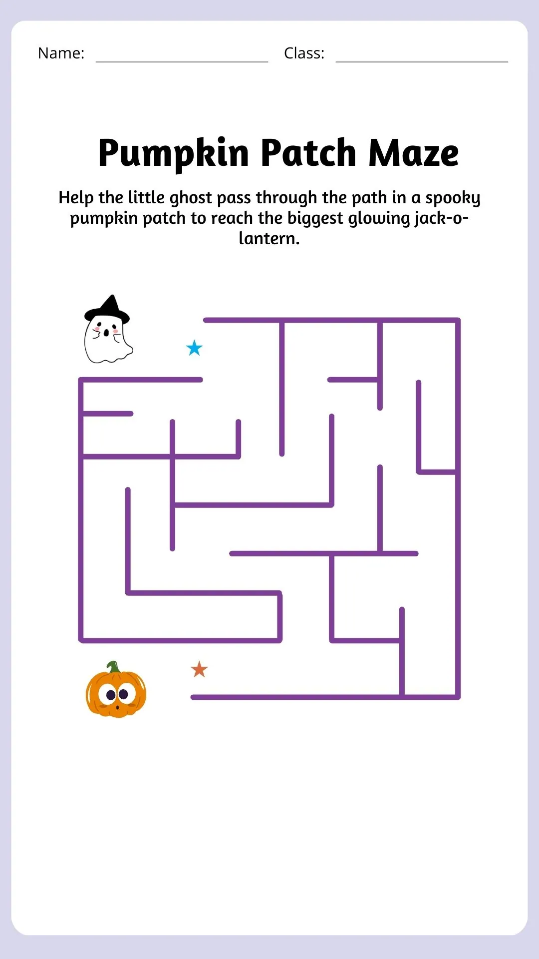 Pumpkin Patch Maze Game Printable with a ghost navigating a maze to a jack-o-lantern.