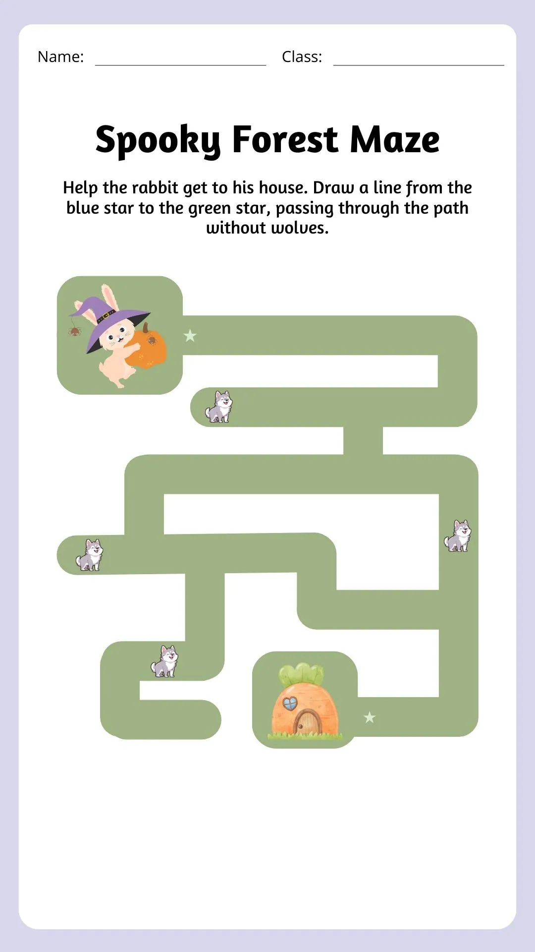 Spooky Forest Maze Game Printable featuring a rabbit, wolves, and a maze leading to a house.