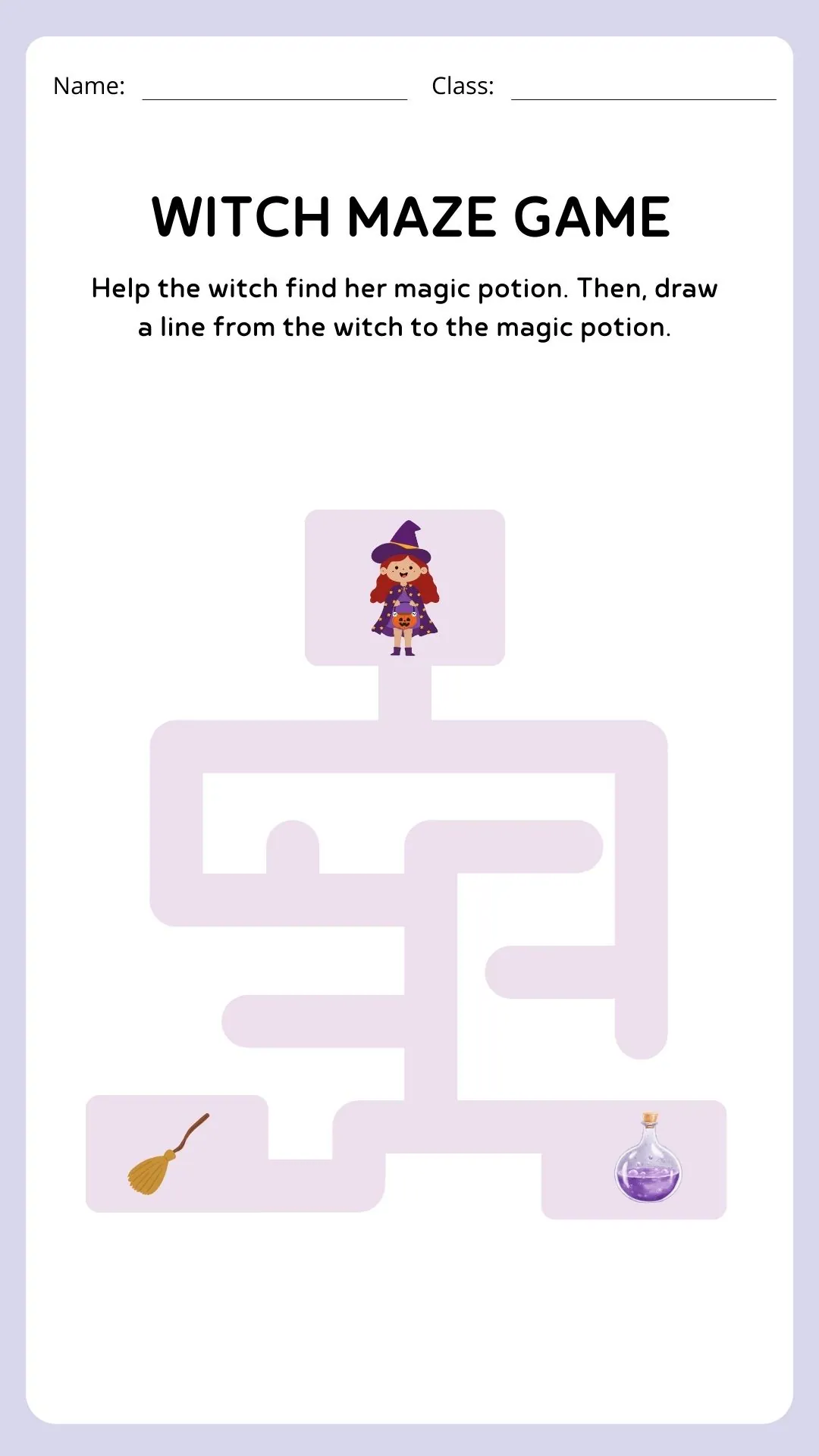 Witch Maze Game Printable with a young witch finding her potion in a maze.